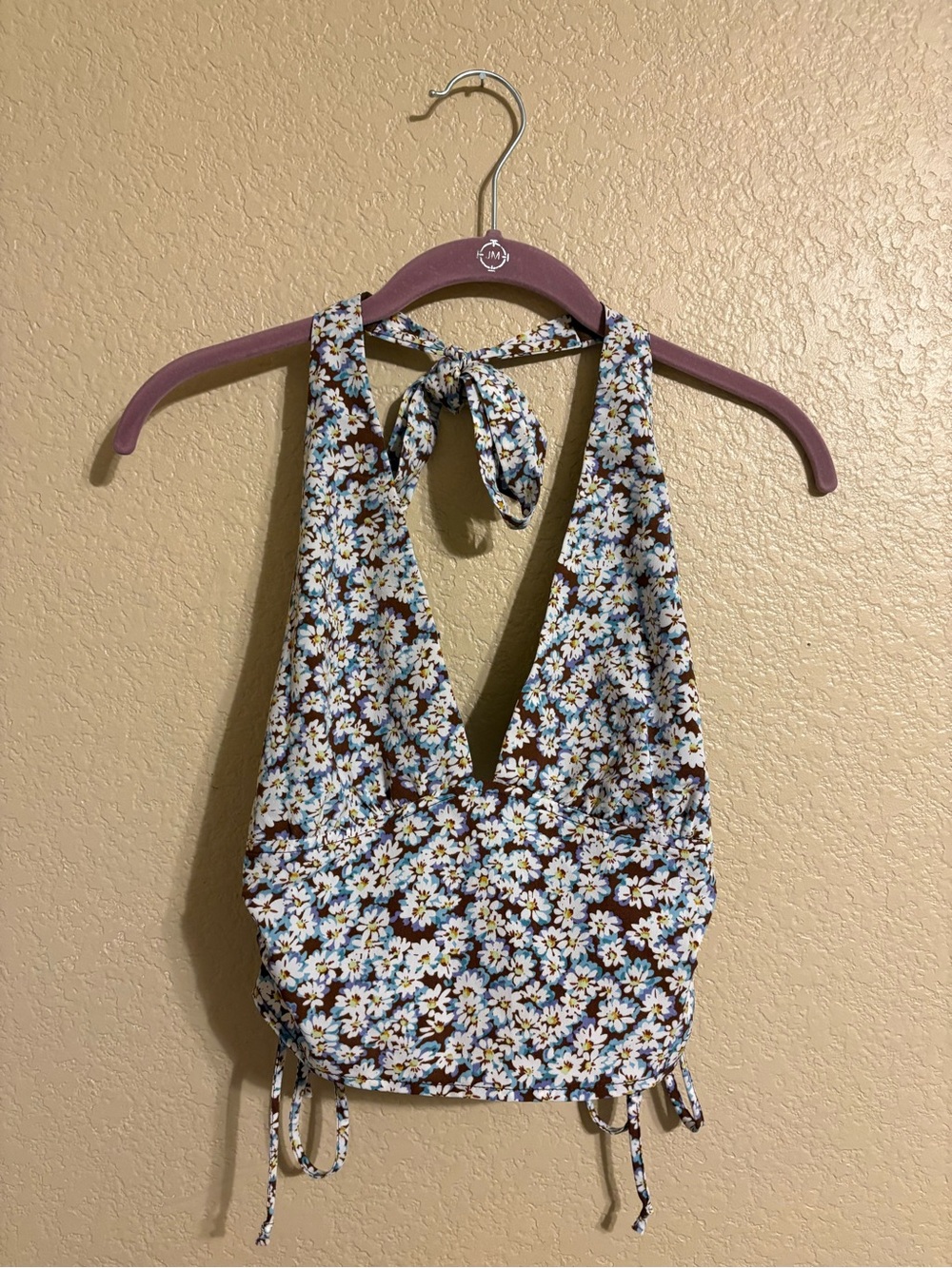 La Hearts Brown Daisy Print Halter Crop Top